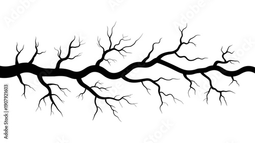 An elaborate black silhouette illustration of a bare tree branch, resembling a vein or root system.