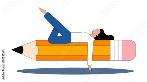 A creative person calmly rests on an oversized yellow pencil, symbolizing thought and artistry.