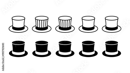 A neat arrangement of ten top hats, equally split between white outlines and solid black.