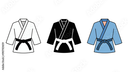 Three different martial arts uniforms with black belts, shown in white, black, and blue styles.