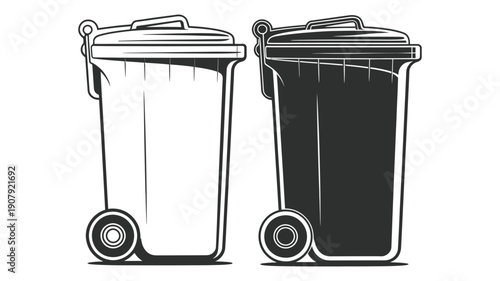 A straightforward vector illustration depicting two wheelie bins, one in white outline and the other in solid black, on white.