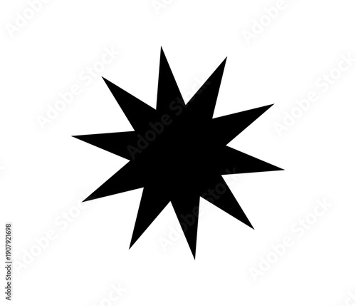 A simple black starburst shape on a white background is displayed. Vector