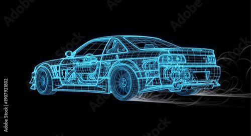 Futuristic Blue Wireframe Sports Car on Black Background.