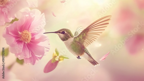 regress. A hummingbird in motion among vibrant flowers, wings blurred against a soft background. wildlife magazines, conservation campaigns, designed for wildlife conservation campaigns.