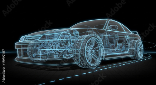 Futuristic Car Blueprint Wireframe Design.