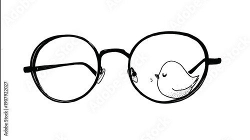 A cartoon image showing a pair of round spectacles with a tiny bird inside one lens