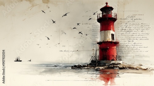 Red and white lighthouse guiding ships at sea