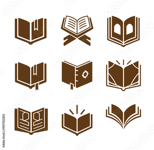 Brown book icons in different open and closed positions on white background