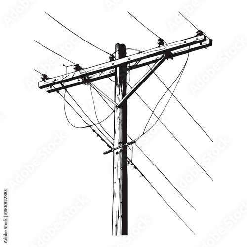 Black and white line illustration of electric poles with tangled electric cables stretching in various directions hand drawn vector art