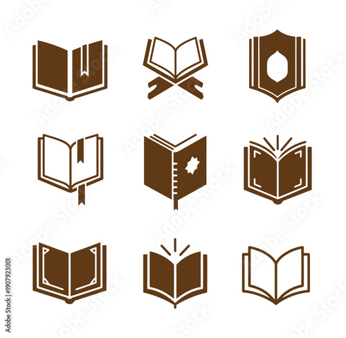 brown book icons in different styles and formats for education and design  various open and closed book symbols