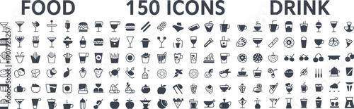 Collection of 150 food and drink icons in dark blue silhouette style Keywords: food, drink, icons, collection, set, restaurant