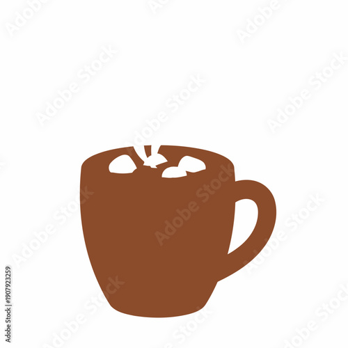 A simple illustration of a brown mug filled with hot chocolate and white marshmallows.