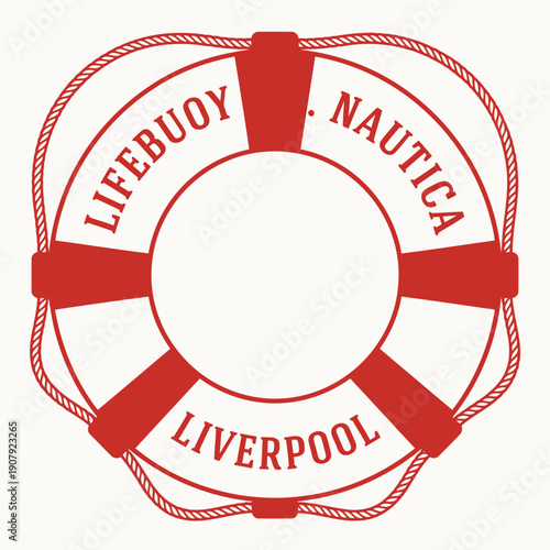 A graphic illustration of a red and white lifebuoy with text "LIFEBUOY NAUTICA LIVERPOOL" on it, symbolizing maritime safety and nautical themes.