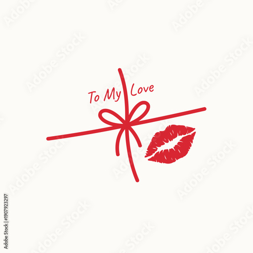 A romantic red ribbon gift wrap with a kiss mark and "To My Love" text on a white background.