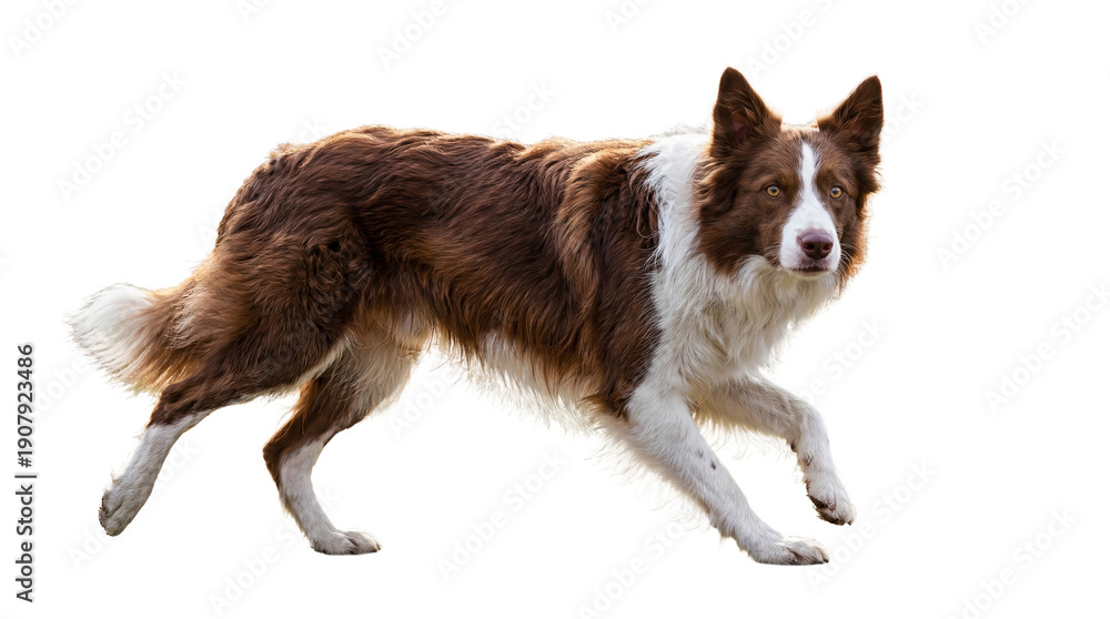 Fototapeta premium a high-quality png image of a border collie dog captured in dynamic motion, showcasing its glossy brown and white fur against a transparent background, perfect for graphic design projects.