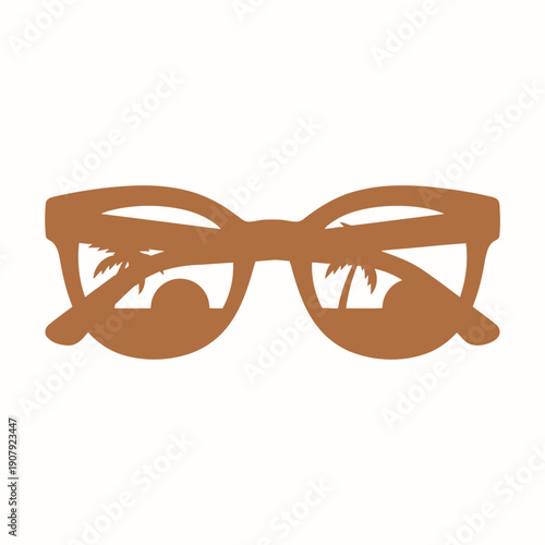 Brown sunglasses with tropical beach sunset reflection graphic design.