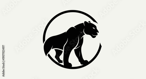 Black panther silhouette inside a circle graphic against white background