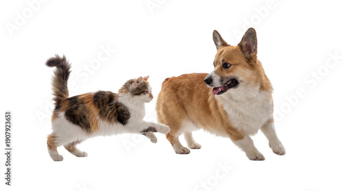 Fotografie dynamic action shot of a calico cat lunging at a pembroke welsh corgi dog against a neutral white backdrop, showcasing playful pet interaction