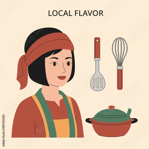 A vibrant flat illustration of a female chef or cook, skillfully preparing traditional dishes, capturing the essence of authentic local cuisine and culinary heritage with essential kitchen tools
