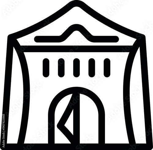 Simple, bold line drawing of a camping tent, symbolizing outdoor adventures, temporary shelter, and recreational activities