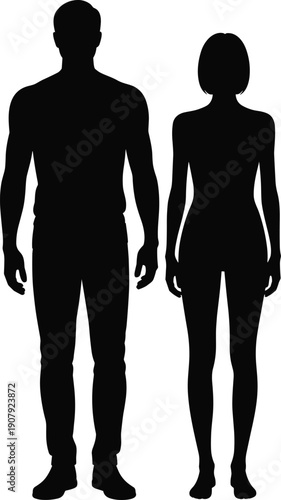 Silhouette of a man and a woman standing side by side on a white background couple people