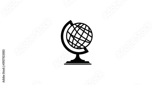 A simple, monochrome illustration of a terrestrial globe, set on a stand, isolated on white