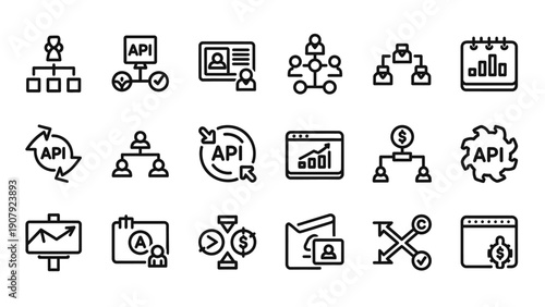 Collection of business and technology icons representing data and organization.
