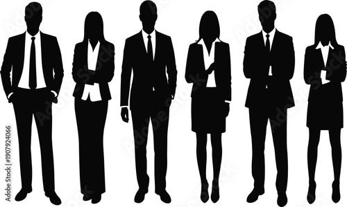 Six business professionals in silhouette standing in a row on a white background Keywords: business, people, professionals