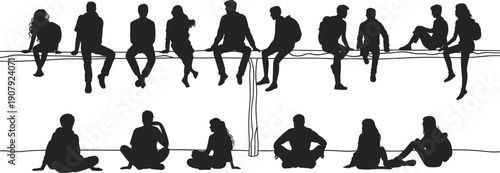 Silhouettes of people sitting on a wire and on the ground in various poses Keywords: people, silhouettes, sitting, wire, ground