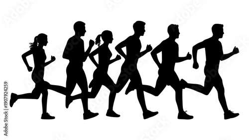 Black silhouettes of people running, jogging or sprinting, athletic vector icons for fitness or sports design, for banner or poster isolated PNG with Transparent Background