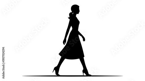 Black silhouette of a woman walking in a dress and high heels, vector illustration isolated PNG with Transparent Background