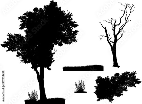 Set of realistic tree silhouettes isolated on white background. Detailed black vector shadows of oak, dead trees, grass, and bushes for landscape design and architectural visualization.