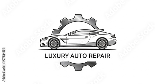 Luxury Auto Repair Service Emblem with Sports Car and Gears.
