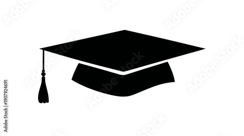 A simple, black graduation cap with a tassel against a white background