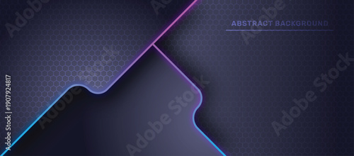 Modern Abstract Dark Background with Hexagon Pattern and Glowing Neon Lines