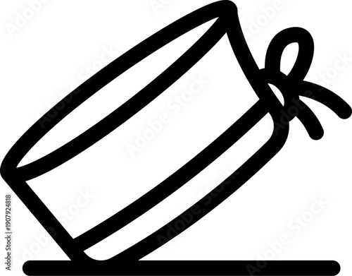 Simple line drawing of a round tin can lying on its side with a ribbon tie, possibly containing food or other products