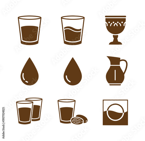 Brown icons of coffee and chocolate drinks and food on white background