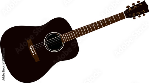 A digitally rendered dark acoustic stringed instrument. Angled composition on a white background