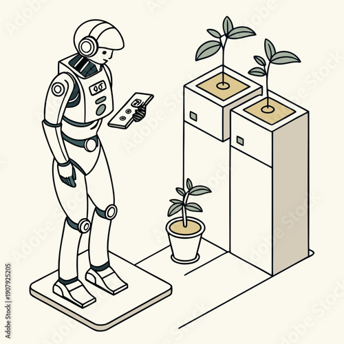 Robot confusing plant pots with charging docks, playful vector art. Humorous illustration of AI misinterpretation in a smart home setting.