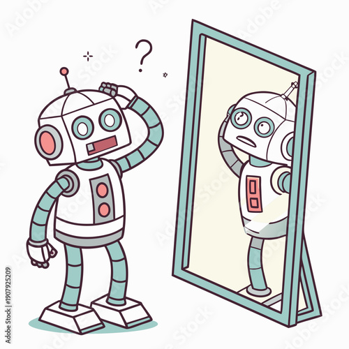 A robot looks confused by mirrored instructions in whimsical vector art, symbolizing AI's interpretation challenges.