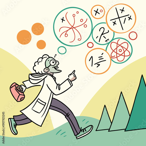 A scientist is playfully chased by floating abstract equations and mathematical symbols, vector illustration. Concept of academic pursuit and complex study.
