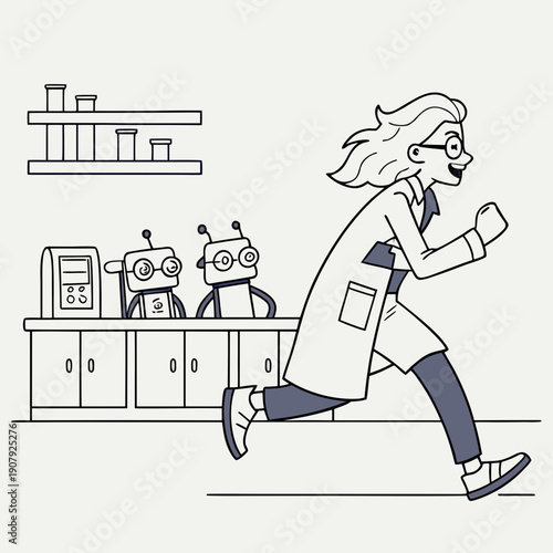 Whimsical scientist flees friendly runaway robots in a clean, colorful vector illustration, representing futuristic tech and lighthearted chaos.