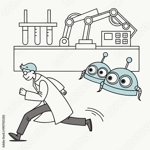 A scientist is chased by friendly runaway robots in a whimsical, clean vector illustration, portraying humorous futuristic science and technology themes.