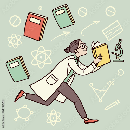 A whimsical scientist chases floating notebooks in a charming vector illustration, representing the fun and pursuit of knowledge and research in science.