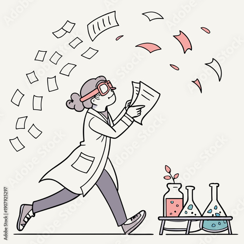 Whimsical scientist chases flying documents in a fun, clean vector illustration, embodying the fast-paced and sometimes chaotic nature of modern research and data.