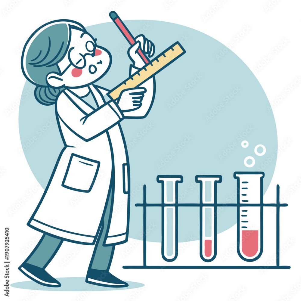 Fototapeta premium Scientist in laboratory seriously measuring the wrong object with a ruler, flat vector design