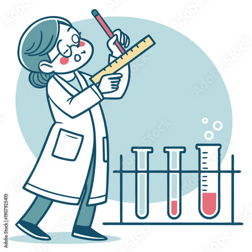 Scientist in laboratory seriously measuring the wrong object with a ruler, flat vector design