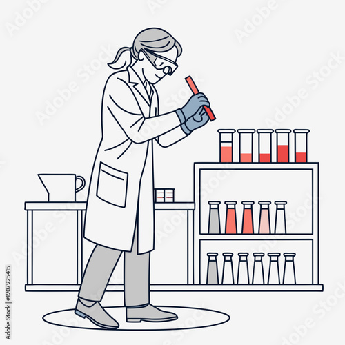 Scientist mixing colorful chemicals in lab, resulting in dull grey liquid, flat vector style