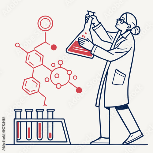 Scientist successfully mixing harmless chemical formulas in a lab setting, flat vector concept