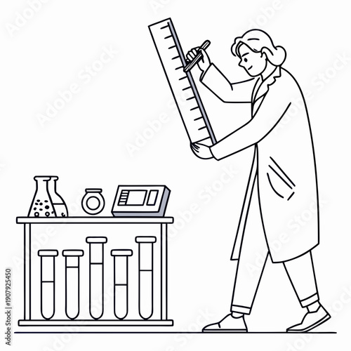 Scientist accidentally shrinks a ruler instead of the target object in a lab, flat vector